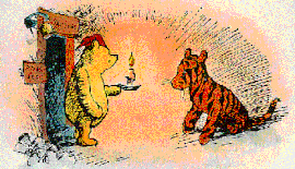 Public-domain E. H. Shepard illustration of Tigger, in orange with black stripes, meeting Pooh.