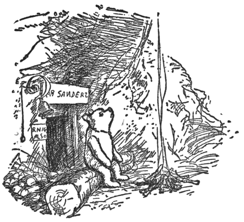 E. H. Shepard's classic public-domain line drawing of Winnie the Pooh at the 'Mr Sanders' door.